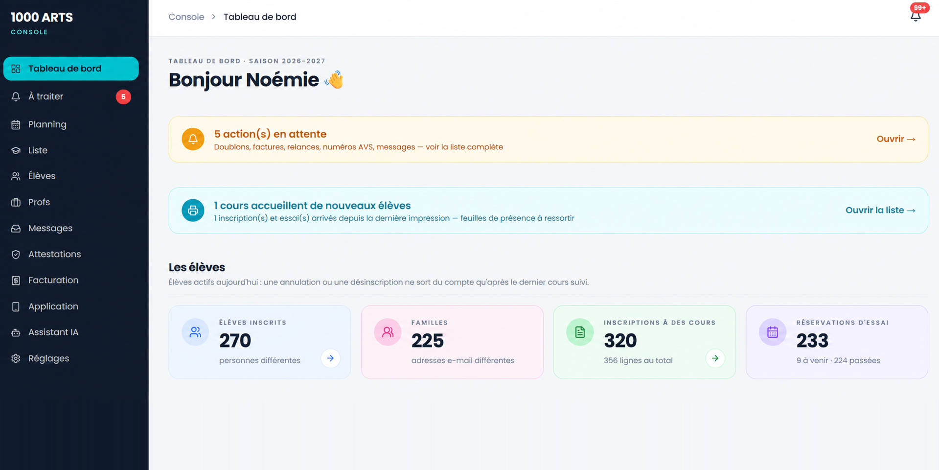 1000 ARTS · Console d'administration — vue 1